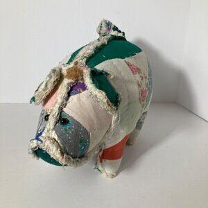 Vintage Handmade Quilted Pig Stuffed Animal 9 x 12" Multicolored Very‎ Firm Flaw